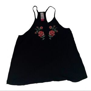 Black Flowy Tank Top with Embroidered Roses